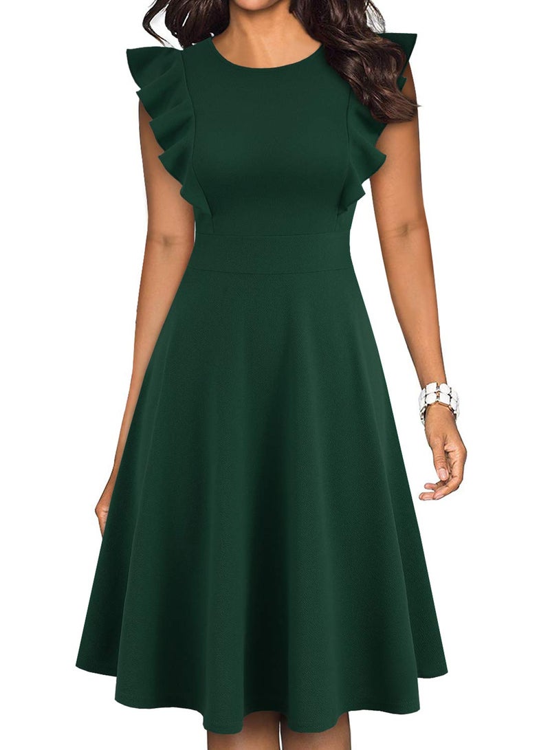 YATHON Women's Vintage Ruffle Floral Flared A Line Swing Casual Cocktail Party Dresses (XL, YT001-Dark Green) - Image 1